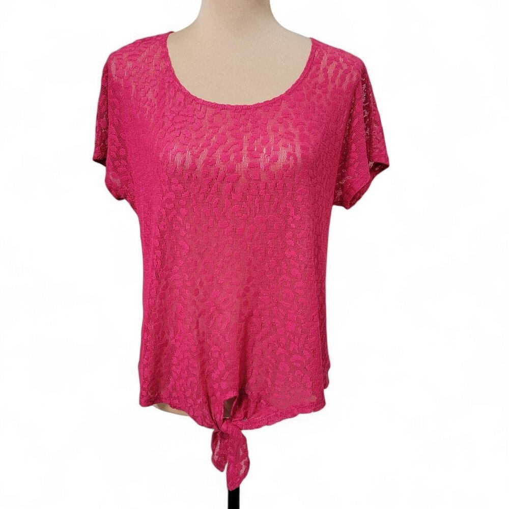 Chico's Size 1 (M/8) Pink Lana Leopard Lace Tie Front Sheer Blouse, Gently Used